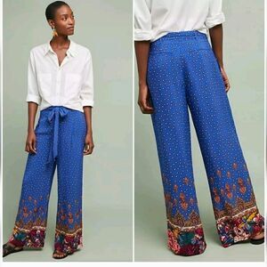 Anthropologie Wide Leg Palazzo Pants Size 6 Blue Print Resort Vaca